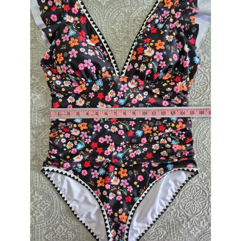 Aidonger Floral One Piece Swimsuit‎ Ruffle V-Neck Black Multicolor XL NWT